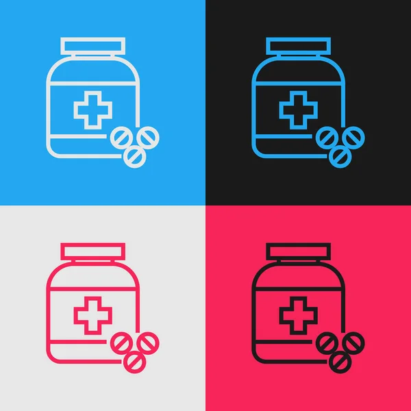 Színes vonal Medicine palack és tabletták ikon izolált színes háttér. Palack tabletta jele. Gyógyszertári tervezés. Vintage stílusú rajz. Vektoros illusztráció — Stock Vector