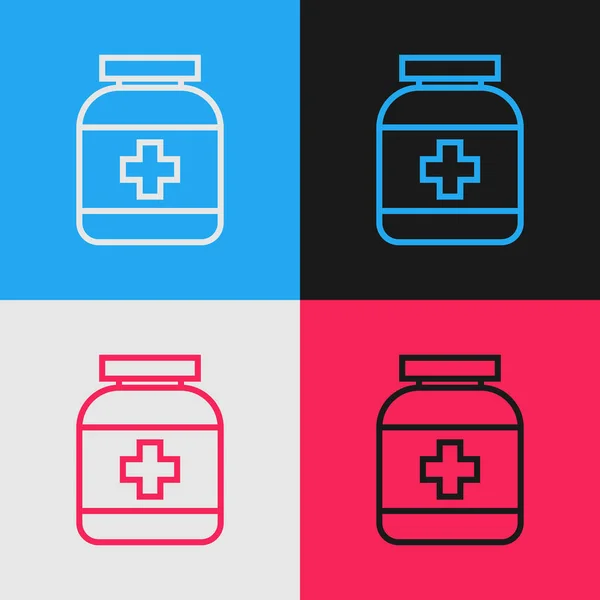 Χρωματική γραμμή εικονίδιο μπουκάλι φάρμακο απομονώνεται σε φόντο χρώμα. Πινακίδα με χάπι φιάλης. Σχέδιο φαρμακευτικής. Vintage ζωγραφική στυλ. Απεικόνιση διανυσματικών φορέων — Διανυσματικό Αρχείο