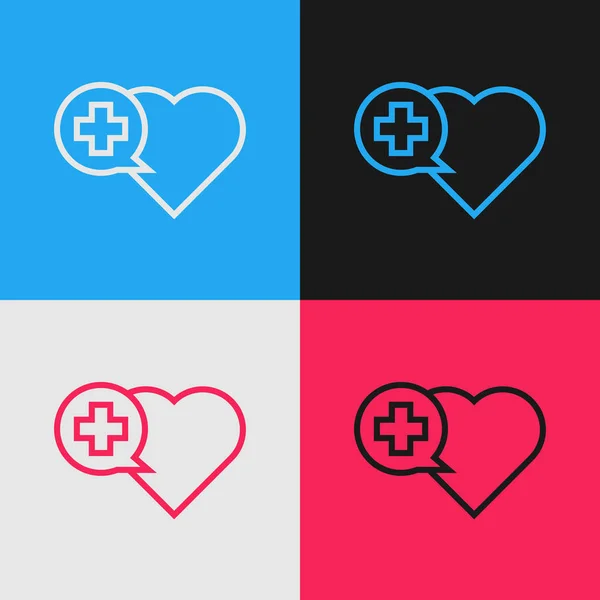 Farblinie Herz mit einem Kreuzsymbol auf farbigem Hintergrund isoliert. Erste Hilfe. Gesundheitswesen, Medizin und Apotheke Zeichen. Vintage-Stil Zeichnung. Vektorillustration — Stockvektor