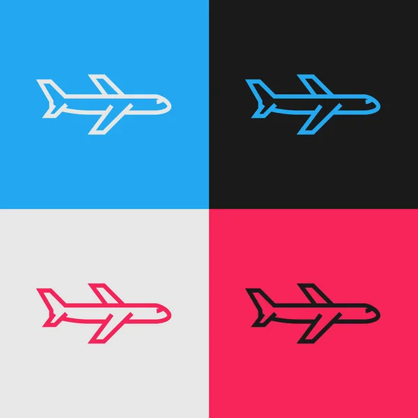 Línea de color Icono plano aislado sobre fondo de color. Icono del avión volador. Firma del avión. Dibujo de estilo vintage. Ilustración vectorial — Archivo Imágenes Vectoriales