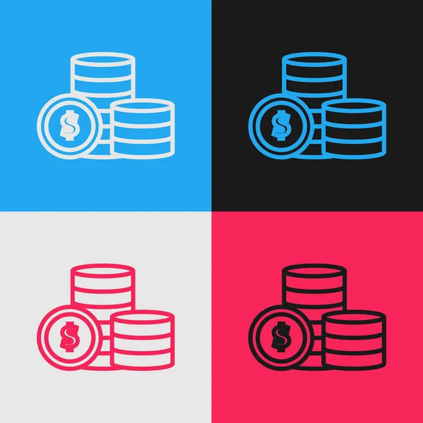 Linha de cor Moeda dinheiro com símbolo de dólar ícone isolado no fundo de cor. Sinal de moeda bancária. Símbolo. Desenho de estilo vintage. Ilustração vetorial — Vetor de Stock