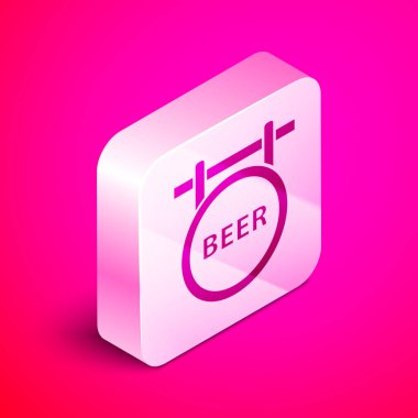 Pembe arka plan üzerinde izole yazıt Bira simgesi ile İzometrik Sokak tabela. Reklam bar, kafe, pub, restoran için uygundur. Gümüş kare düğme. Vektör İllüstrasyonu