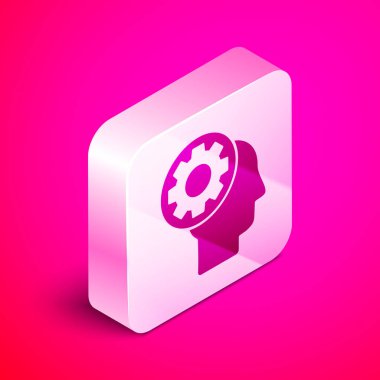 Pembe arka plan üzerinde izole simgesi içinde dişli ile İzometrik İnsan kafası. Yapay zeka. Beyin işaretini düşünmek. Beynin sembol çalışması. Gümüş kare düğme. Vektör İllüstrasyonu
