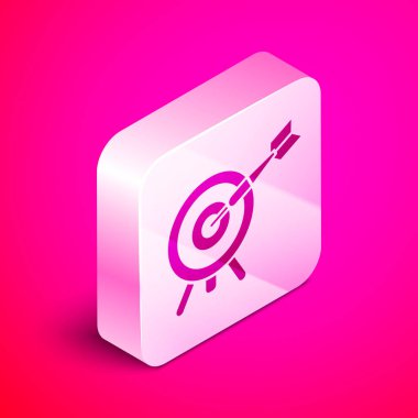 Pembe arka planda izole edilmiş ok simgesine sahip İzometrik Hedef. Dart tahtası tabelası. Okçuluk tahtası simgesi. Dart tahtası işareti. İş hedefi kavramı. Gümüş kare düğme. Vektör İllüstrasyonu