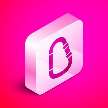 İzometrik Karabina simgesi pembe arka plan üzerinde izole. Ekstrem sporlar. Spor ekipmanları. Gümüş kare düğme. Vektör İllüstrasyonu