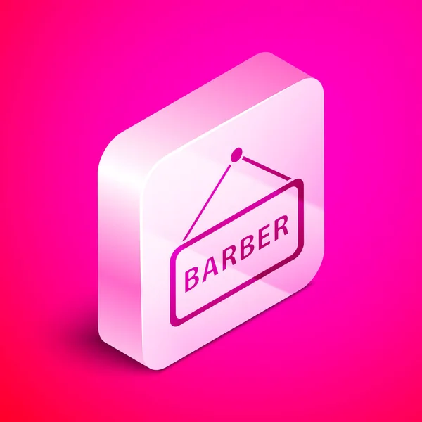 Isometric Barbershop icon isolated on pink background. Hairdresser logo or signboard. Silver square button. Vector Illustration — Stock Vector