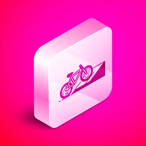Isometric Bicycle on street ramp icon isolated on pink background. Skate park. Extreme sport. Sport equipment. Silver square button. Vector Illustration