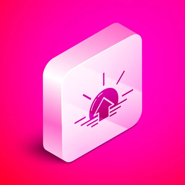 Isometrisches Sonnenaufgangssymbol isoliert auf rosa Hintergrund. Silberner quadratischer Knopf. Vektorillustration — Stockvektor