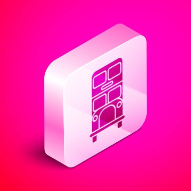 İzometrik Çift katlı otobüs simgesi pembe arka plan üzerinde izole. Londra klasik yolcu otobüsü. Toplu taşıma sembolü. Gümüş kare düğme. Vektör İllüstrasyonu