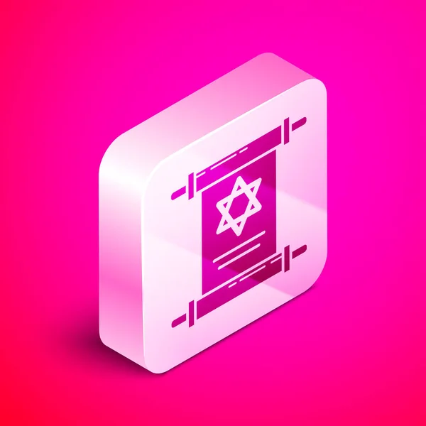 Isometrisk Torah rullnings ikon isolerad på rosa bakgrund. Judiska Torah i expanderad form. Stjärnan av David symbol. Gamla pergament rulla. Silver fyrkantig knapp. Vektor illustration — Stock vektor