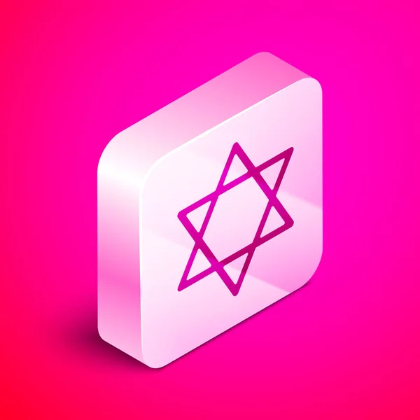 Icono de la estrella isométrica de David aislado sobre fondo rosa. Símbolo religioso judío. Símbolo de Israel. Botón cuadrado plateado. Ilustración vectorial — Archivo Imágenes Vectoriales