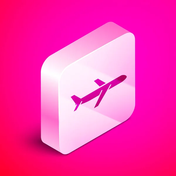 Icono isométrico plano aislado sobre fondo rosa. Icono del avión volador. Firma del avión. Botón cuadrado plateado. Ilustración vectorial — Vector de stock