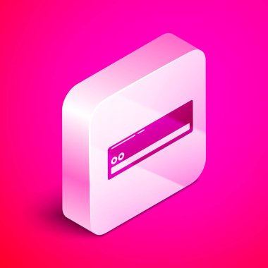 İzometrik Klima simgesi pembe arka plan üzerinde izole. Split sistem klima. Serin ve soğuk iklim kontrol sistemi. Gümüş kare düğme. Vektör İllüstrasyonu