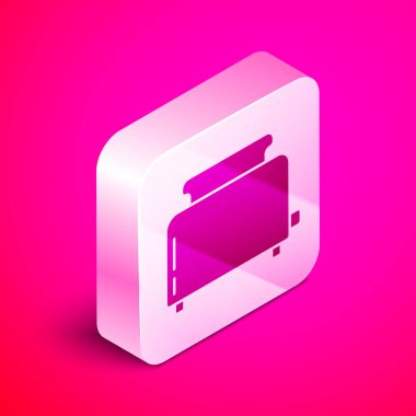 Pembe arka plan üzerinde izole tost simgesi ile İzometrik Tost makinesi. Gümüş kare düğme. Vektör İllüstrasyonu