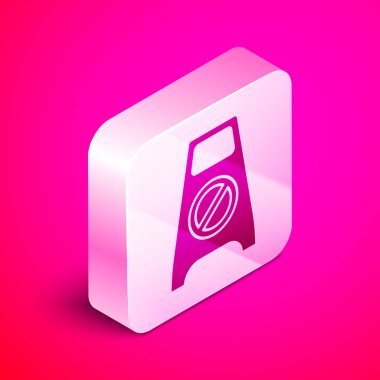 İzometrik Issız zemin ve devam ediyor ikon pembe arka plan üzerinde izole temizlik. Temizlik hizmeti konsepti. Gümüş kare düğme. Vektör İllüstrasyonu