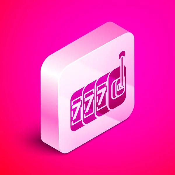 Máquina tragaperras isométrica con suerte sietes icono de jackpot aislado sobre fondo rosa. Botón cuadrado plateado. Ilustración vectorial — Vector de stock