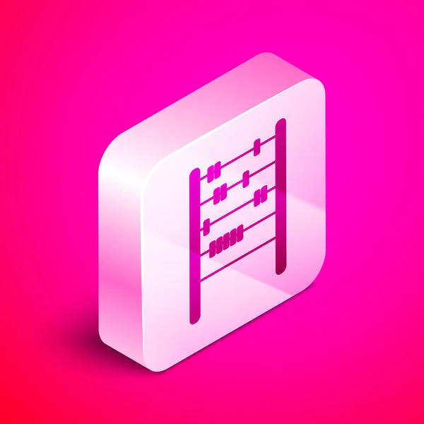 Isometric Abacus icon isolated on pink background. Traditional counting frame. Education sign. Mathematics school. Silver square button. Vector Illustration — Stock Vector
