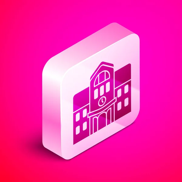 Isometrisches Schulgebäude-Symbol isoliert auf rosa Hintergrund. Silberner quadratischer Knopf. Vektorillustration — Stockvektor
