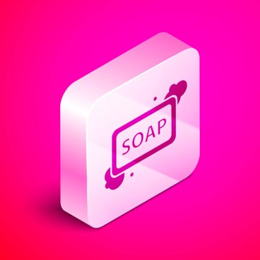 Pembe arka plan üzerinde izole köpük simgesi ile sabun İzometrik Bar. Kabarcıklı sabun barı. Gümüş kare düğme. Vektör İllüstrasyonu