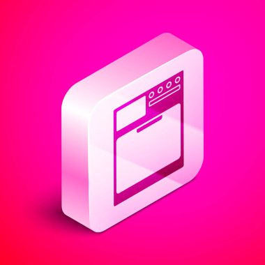 İzometrik Yıkar simgesi pembe arka plan üzerinde izole. Çamaşır makinesi simgesi. Çamaşır makinesi- çamaşır makinesi. Ev aletleri sembolü. Gümüş kare düğme. Vektör İllüstrasyonu