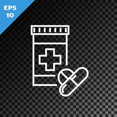 Beyaz çizgi Tıp şişe ve hap simgesi şeffaf koyu arka plan üzerinde izole. Şişe hapı işareti. Eczane tasarımı. Vektör İllüstrasyonu