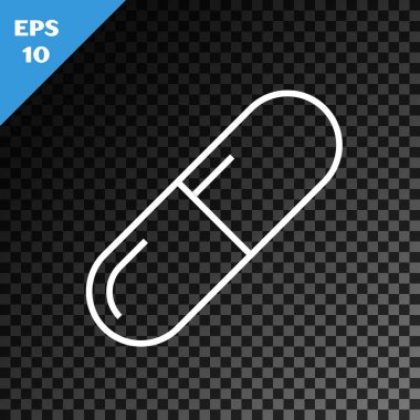 Beyaz çizgi Tıp hapı veya tablet simgesi şeffaf koyu arka plan üzerinde izole. Kapsül hapı ve ilaç işareti. Eczane tasarımı. Vektör İllüstrasyonu