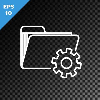 Saydam koyu arka planda yalıtılmış dişlisimgesiyle beyaz çizgi Klasör ayarları. Yazılım güncellemesi, transfer protokolü, takım çalışması araç yönetimi. Vektör İllüstrasyonu