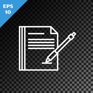 Saydam koyu arka planda yalıtılmış Beyaz çizgi Boş dizüstü bilgisayar ve kalem simgesi. Kağıt ve kalem. Vektör İllüstrasyonu