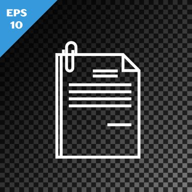 Beyaz satır Dosya belgesi ve saydam koyu arka planda yalıtılmış ataş simgesi. Denetim listesi simgesi. İş konsepti. Vektör İllüstrasyonu