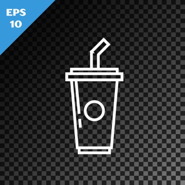 Beyaz hat Kağıt cam içme saman ve su simgesi şeffaf koyu arka plan üzerinde izole ile. Soda bardak iç. Taze soğuk içecek sembolü. Vektör İllüstrasyonu