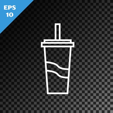 Beyaz hat Kağıt cam içme saman ve su simgesi şeffaf koyu arka plan üzerinde izole ile. Soda bardak iç. Taze soğuk içecek sembolü. Vektör İllüstrasyonu