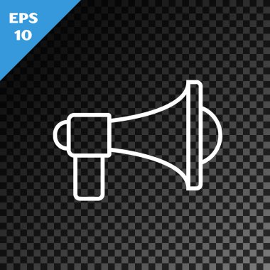 Saydam koyu arka plan da yalıtılmış beyaz çizgi Megafon simgesi. Yüksek sesli konuşma uyarısı kavramı. Sözcü için Bullhorn çığlık promosyon. Vektör İllüstrasyonu