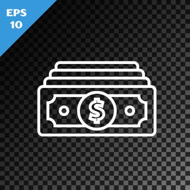 Beyaz çizgi Yığınlar kağıt para nakit simgesi şeffaf koyu arka plan üzerinde izole. Para banknotları yığınları. Fatura para birimi. Vektör İllüstrasyonu