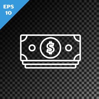 Beyaz çizgi Yığınlar kağıt para nakit simgesi şeffaf koyu arka plan üzerinde izole. Para banknotları yığınları. Fatura para birimi. Vektör İllüstrasyonu