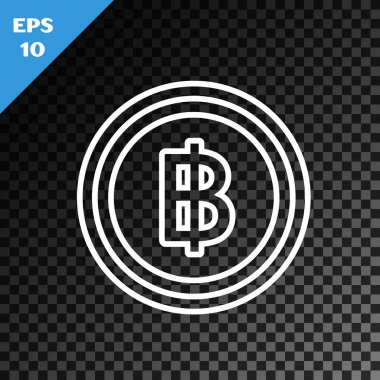 Beyaz çizgi Cryptocurrency sikke Bitcoin simgesi şeffaf koyu arka plan üzerinde izole. Blockchain teknolojisi, bitcoin, dijital para piyasası, kripto para cüzdanı. Vektör İllüstrasyonu