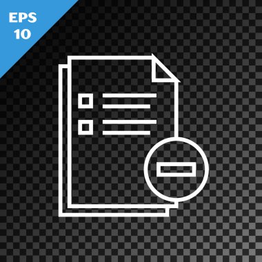 Saydam koyu arka plan da izole eksi simgesi olan beyaz çizgi Belge. Belgeyi temizleyin. Dosya belgesini kaldırın. Bilgi dosyalarını silin. Vektör İllüstrasyonu