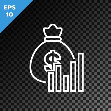 Beyaz çizgi Para torbası ve diyagram grafiği simgesi saydam koyu arka plan üzerinde izole. Finansal analiz, bütçe planlaması, finans idarecileri. Vektör İllüstrasyonu