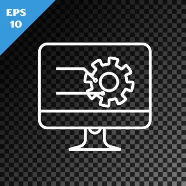 Saydam koyu arka plan üzerinde izole grafik grafik simgesi ile Beyaz çizgi Bilgisayar monitörü. Metin dosyası simgesini bildirin. Muhasebe işareti. Denetim, analiz, planlama. Vektör İllüstrasyonu