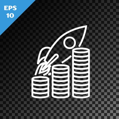 Beyaz çizgi Roket şeffaf koyu arka plan üzerinde izole sikke büyüme grafik simgesi üzerinde uçan. Satışlardaki artışı gösteren grafik. Vektör İllüstrasyonu