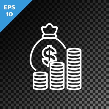 Beyaz çizgi Para çantası ve sikke simgesi şeffaf koyu arka plan üzerinde izole. Dolar veya Usd sembolü. Nakit Bankacılık para birimi işareti. Vektör İllüstrasyonu
