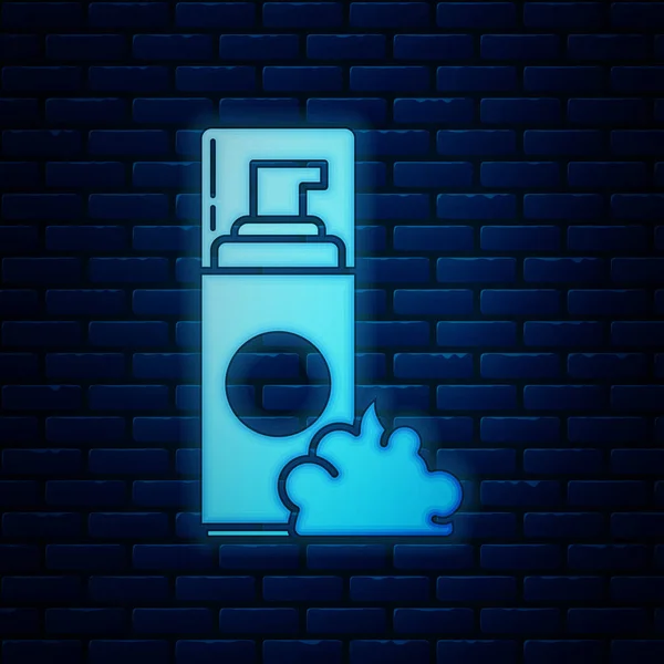 Icono de espuma de gel de afeitar de neón brillante aislado en el fondo de la pared de ladrillo. Crema de afeitar. Ilustración vectorial — Vector de stock