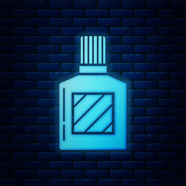 Icono brillante de neón Aftershave aislado en el fondo de la pared de ladrillo. Icono de spray de Colonia. Frasco de perfume masculino. Ilustración vectorial — Vector de stock