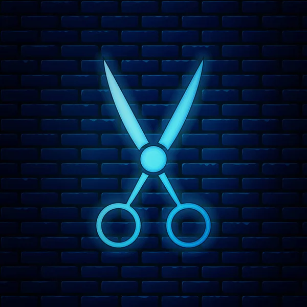 Leuchtende Neon-Schere Friseur-Symbol isoliert auf Backsteinwand Hintergrund. Friseur, Modesalon und Friseursalon. Friseur-Symbol. Vektorillustration — Stockvektor