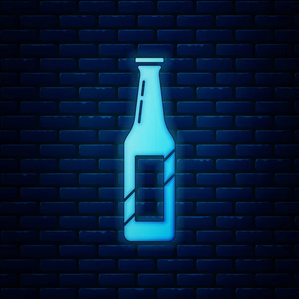 Светящийся неоновый значок бутылки пива изолирован на фоне кирпичной стены. Векторная миграция — стоковый вектор