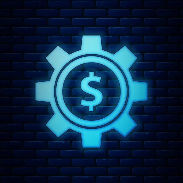 Ingranaggio al neon luminoso con icona simbolo dollaro isolato su sfondo muro di mattoni. Business e finanza icona concettuale. Illustrazione vettoriale — Vettoriale Stock