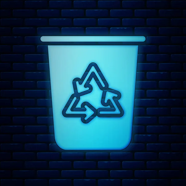 Izzó neon Recycle Bin a recycle szimbólum ikont izolált téglafal háttérben. Kuka ikon. Szeméttároló-jel. Recycle kosár jele. Vektoros illusztráció — Stock Vector