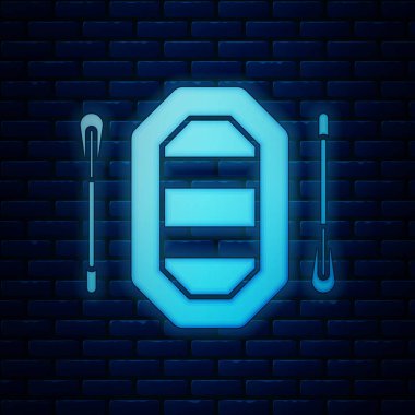 Parlayan neon Rafting tekne simgesi tuğla duvar arka plan izole. Kürekli şişme bot. Su sporları, ekstrem sporlar, tatil, tatil. Vektör İllüstrasyonu