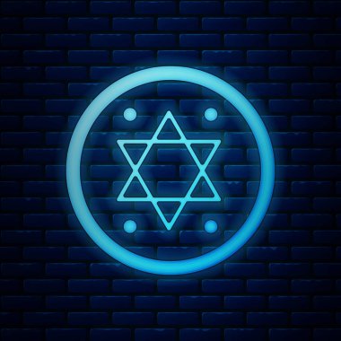 Tuğla duvar arka planda izole parlayan neon Yahudi sikke simgesi. Para birimi sembolü. Vektör İllüstrasyonu