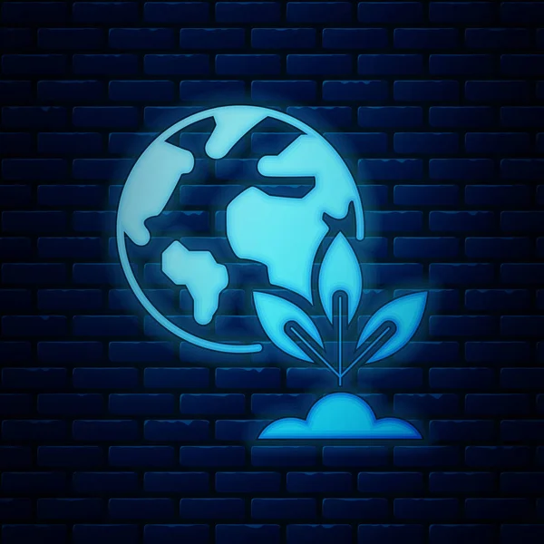 Glossario luminoso al neon Terra globo e icona della pianta isolato su sfondo muro di mattoni. Segno del mondo o della Terra. Forme geometriche. Concetto ambientale. Illustrazione vettoriale — Vettoriale Stock