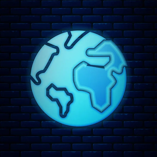 Glödande Neon Earth Globe Icon isolerad på tegelvägg bakgrund. Världs-eller jord tecken. Global Internet symbol. Geometriska former. Vektor illustration — Stock vektor